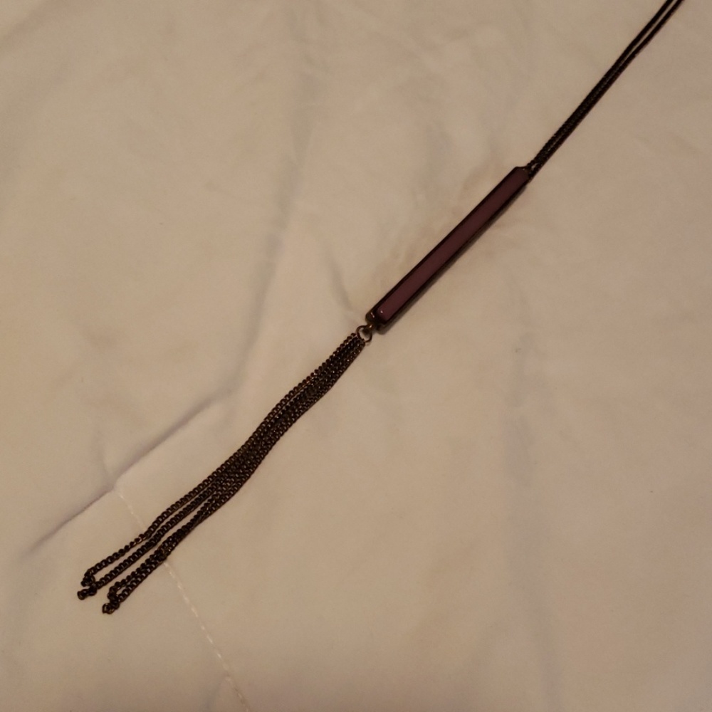 Very Long Stone and Tassel Bronze Necklace